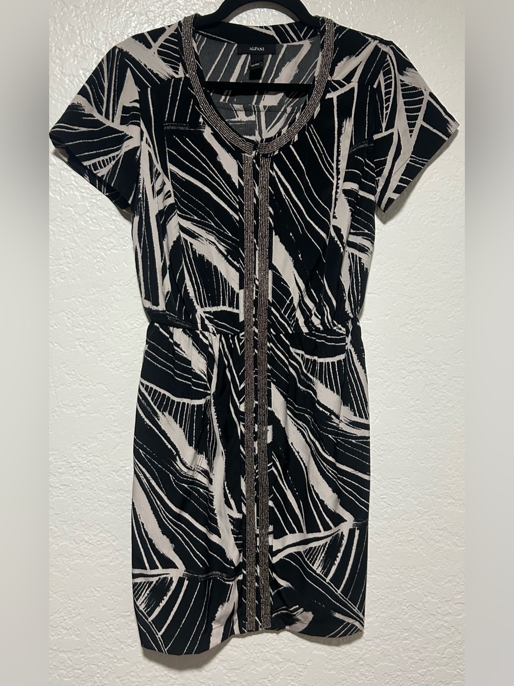 Alfani Black & White with Beaded Trim Front Zipper Dress with pockets.